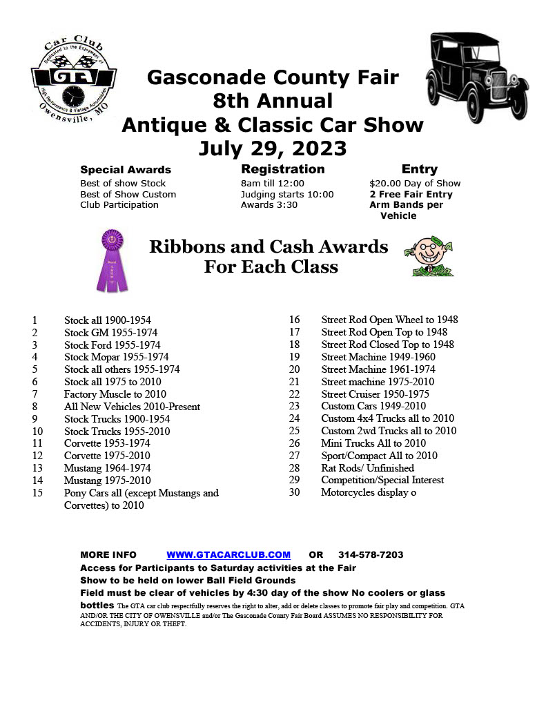 2023 Car Show will be held July 29 at 10:00 AM.
